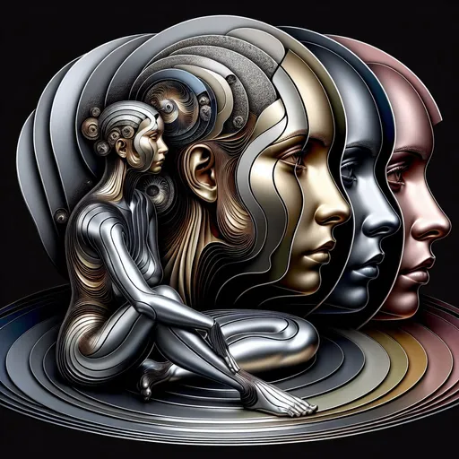 Prompt: Detailed, high-resolution, ultra-detailed, sitting woman, slice representation, multiple slices, slices slightly offset, each slice has a different metalic color, complicated facial features, artistic representation, high quality, detailed slices placed together, unique concept, elaborate shading, realistic style, different angles of discs, professional, artistic lighting