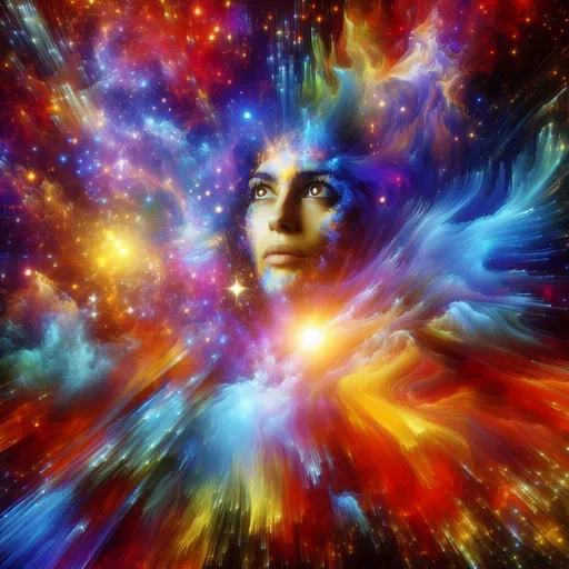 Prompt: creation of life, woman emerging from nothing, cosmic explosion, vibrant colors, surreal glow, open detailed eyes, high definition, digital art, cosmic, abstract, life creation, woman, vibrant colors, surreal glow, cosmic explosion, high definition