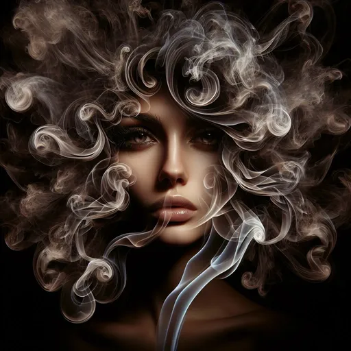 Prompt: woman's face formed from smoke,  detailed smoke design, high quality, detailed features, surreal, smoke portrait, warm tones, dramatic lighting