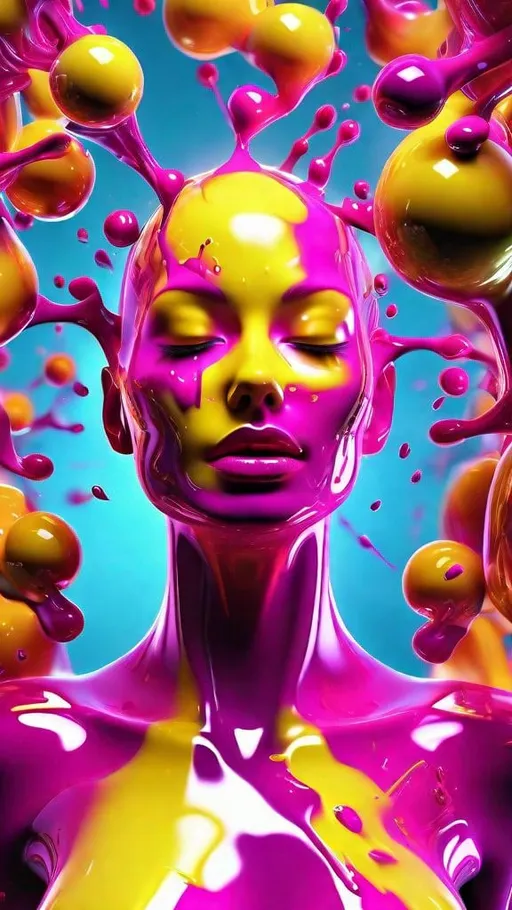 Prompt: digital painting, 3D female body consisting of a viscous yellow mass emerges from a magenta liquid, she has open eyes, futuristic 3D rendering, metallic reflections, detailed facial features, ultra detailed, metallic reflections, luminous, professional, mood lighting, 3D rendering,