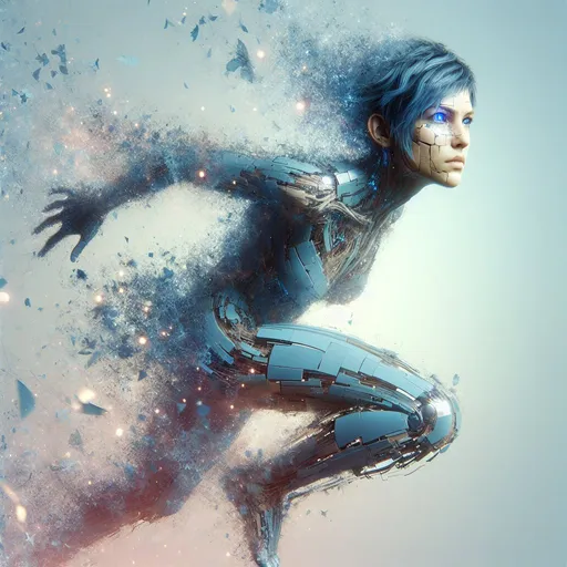 Prompt: full body picture from a jumping woman with  blue eyes and blue short hair with a broken body and face and a broken body is shown in this artistic photo with a broken background, analytical art, highly detailed realistic, futuristic