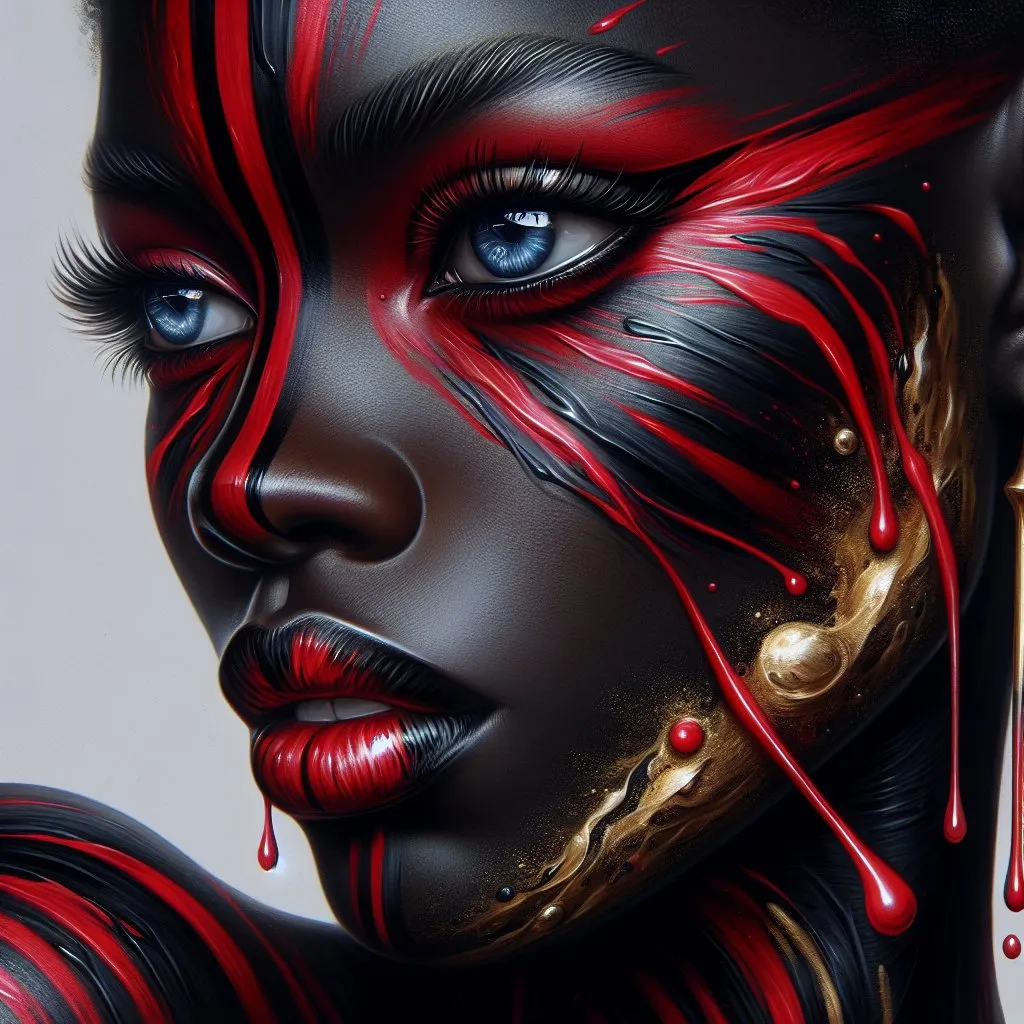 Prompt: a back woman with red makeup and blue eyes, with red, black and golden paint stripes and fluid drops on her face, punk art, a photorealistic painting