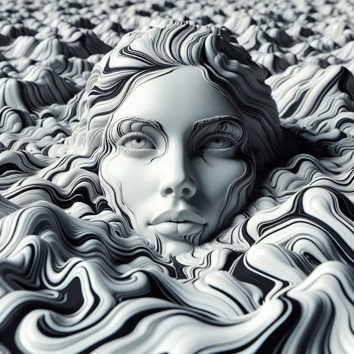 Prompt: Woman's face emerging from white and black striped liquid, 3D rendering, ultra-detailed, high-quality, detailed, monochrome, liquid simulation, intricate facial features, high contrast, dramatic lighting, background white and black striped liquid sea