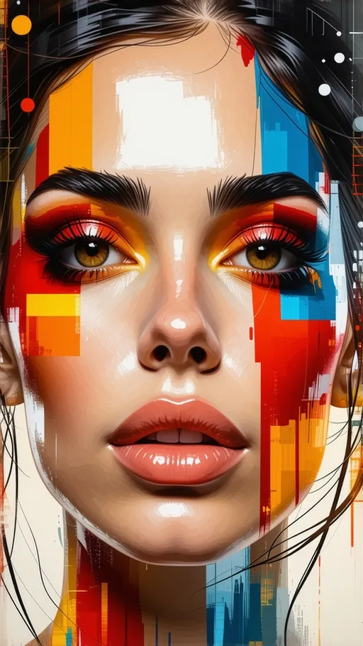 Prompt: (dynamic woman's face), (symmetrically arranged dots), vibrant colors, striking contrasts, energetic movement, visually engaging composition, clean lines, modern artistic style, high depth cinematic masterpiece, captivating visual rhythm, intriguing abstract depiction, eye-catching detail, 4K ultra-detailed, expressive features, playful interpretation of beauty.