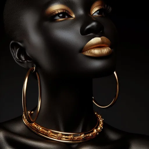 Prompt: A European woman in black with gold makeup, a gold necklace and gold hoop earrings on a black background, the woman's skin is matte black, she lifts her chin and looks up, gold lipstick, Chinwe Chukwuogo-Roy, Lyco art , realistic, detailed image, high resolution,