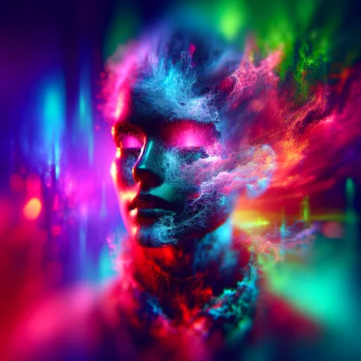 Prompt: Close-up portrait of a woman with a (neon pink shadow) on her face, colorful background, long exposure photography, surrealistic details in dark green and sky blue, vibrant colors, high depth, dramatic, dreamlike atmosphere, intricate textures, ethereal and surreal mood, glowing elements, photorealistic, ultra-detailed, high quality, 4K.