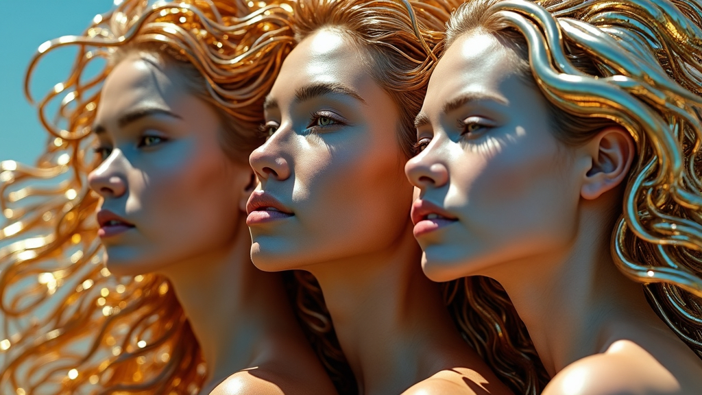 Prompt: (Close-up of three different women), they have distinct facial expressions, flowing streaked hair made of (smooth liquid reflective bright metal), (serpentine) shape, (abstract) rendering style, vivid and complex details, (stunning 8K resolution), dynamic shapes and forms, shimmering and reflective surfaces, ethereal ambience, ultra-detailed and captivating visual masterpiece, modern and artistic.