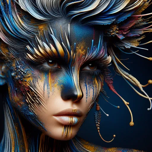 Prompt: Woman with blue and gold paint on face, weird hair, airbrush painting, highres, detailed, neo-primitivism, biopunk, intense colors, surreal, airbrushed details, abstract, professional, vibrant lighting