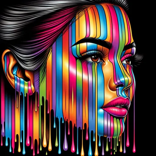 Prompt: a woman as an ilustration with a multicolored face, the colors run vertically down the face in narrow stripes, dripping and running drops of paint all over the face, psychedelic art, an airbrush painting