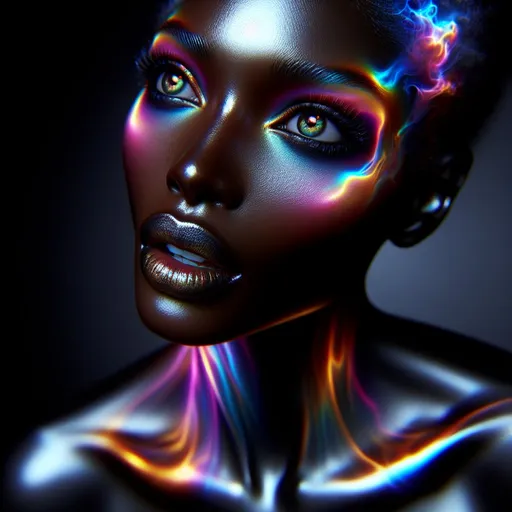 Prompt: Super ultra mega hyperdetailed ultra-hyperrealistic black woman in full body, endless infinite delirium, open eyes,  brightly colored liquid smoke makeup, octane render, vibrant colors, detailed features, high quality, hyperrealistic, intense lighting