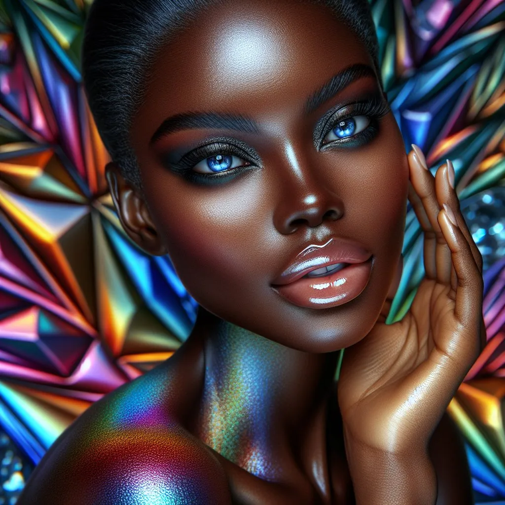 Prompt: Glamorous black woman with crystal skin, open blue eyes, hand on face, multicolored background, hyper detailed, high quality, beautiful composition, stunning beauty, crystal-like skin, mesmerizing gaze, colorful background, realistic details, highres, intense eyes, elegant pose