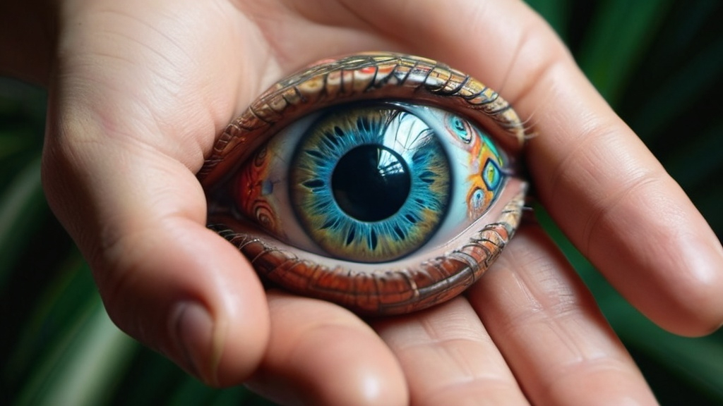 Prompt: A big realistic eye on the palm of the hand, realistic photo, beautiful patterns, bright colors, high contrast lighting, surreal atmosphere, strange and humorous mood, hyper detailed texture on the skin, intricate background patterns, ultra detailed, 4K.