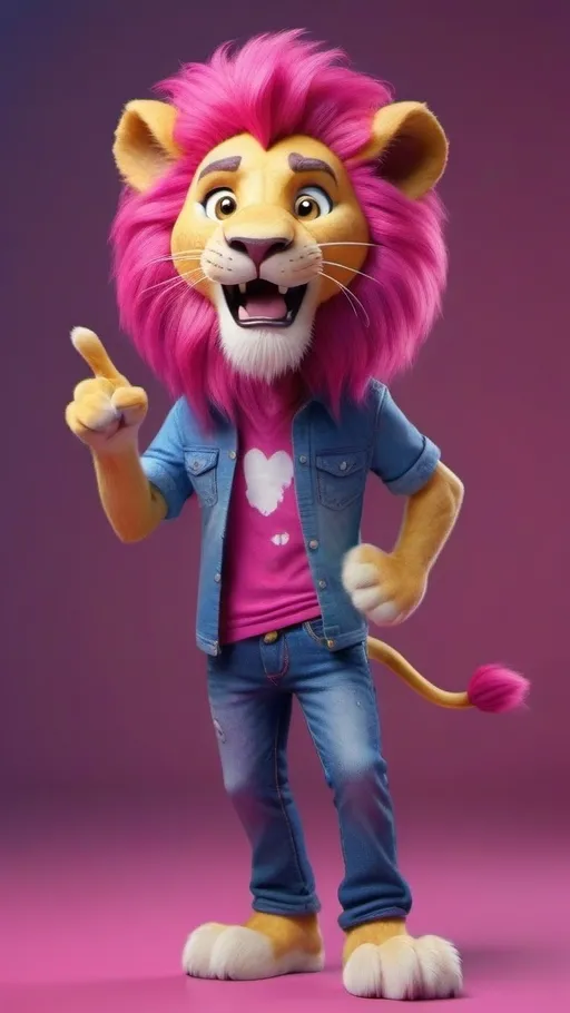 Prompt: (funny lion), (magenta mane), pointing with one paw to the side, wearing a plain magenta shirt, (blue jeans), bright light, cheerful atmosphere, vivid colors, friendly expression, ultra-detailed), (4K), humorous and inviting composition.