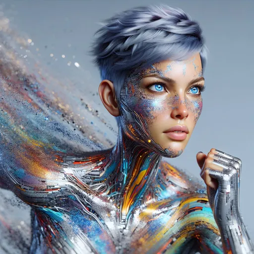 Prompt: Realistic full body portrait, running, Detailed, Beautiful colorful women full body Portrait, lightening silver fluid in the Skin, blue short hair, detailed lightening, perfect blue eyes, Intricately Structured, Hyper Detailed, Ultra Sharp 3D Rendering,  full body