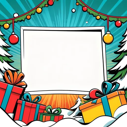 Prompt: (empty picture frame), (comic style), vibrant colors, bold outlines, dynamic expression, fascinating character designs, blank space inviting imagination, whimsical background texture, attention-grabbing layout, humorous elements subtly integrated, modern comic book vibe, pop art, playful atmosphere, ultra-detailed, high quality, engaging narrative potential. christmas theme