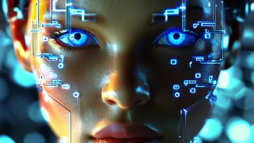 Prompt: (3D rendered woman’s face), bright blue eyes shining brightly, (metallic frames in the background), world of shiny chrome lines, realistic lifelike computer circuits intertwining, futuristic tech ambiance, vibrant details, high depth, ultra-detailed image quality, dynamic lighting, ethereal glow, modern, cinematic style.