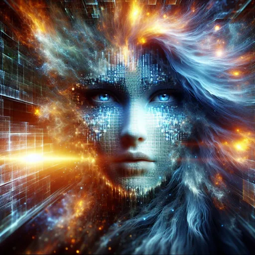 Prompt: 3D face of a woman with blue eyes and blue hair made of glass emerging from a digital matrix of small squares, enveloped in a glowing mist, vibrant colors, high quality rendering, surreal, digital art, intense lighting, fiery hues, detailed features, futuristic, abstract, surreal, 3D rendering, variable hues, high energy, dynamic composition