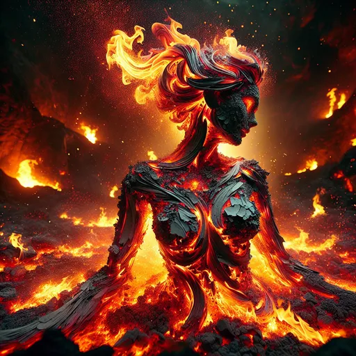 Prompt: she is a gorgeous woman-like being created out of fire and ashes ((she is coming out of molten lava), fire embers dance around the character, RAW, intricate, vibrant colors,(((facing viewer)))