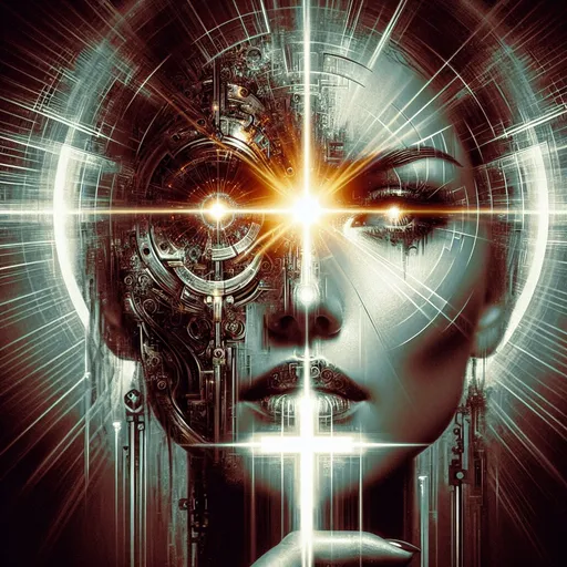 Prompt: a woman's face with a bright light coming out of it and a cross in the middle of the image, Alex Grey, neo-figurative, cybernetics, cyberpunk art