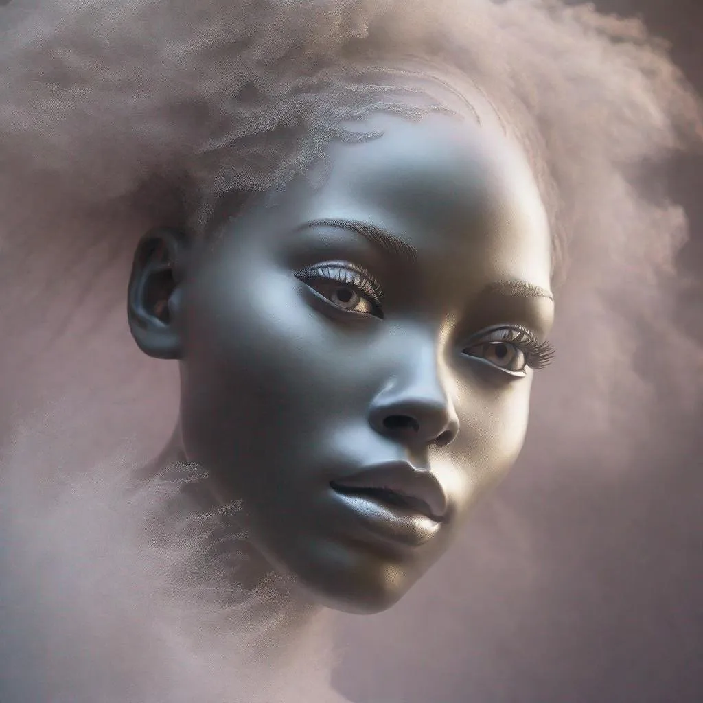 Prompt: Sculpture of a black woman face made of a glowing mist, ethereal and delicate, glowing mist forming a female face with open eyes, transparent and airy, high quality, mystical, surreal, open eyes, delicate shapes, translucent, artistic representation, soft lighting, pastel tones, detailed plumes, artistic, dreamy, fleeting, elegant