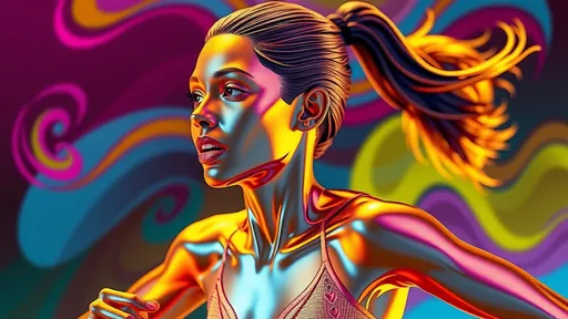 Prompt: (vibrant 3D rendering of a runing woman), (metallic mirror colors), (HDR, 8k resolution), (detailed facial features), full body, mouth slightly open, looking forward with an uplifting gaze, vibrant abstract background, professional lighting, dynamic pose, high quality image, (metallic tones), vivid luminous colors, showcasing energy and motion, view from side, emphasizing her expression and spirit, elegantly captured in ultra-detailed realism.