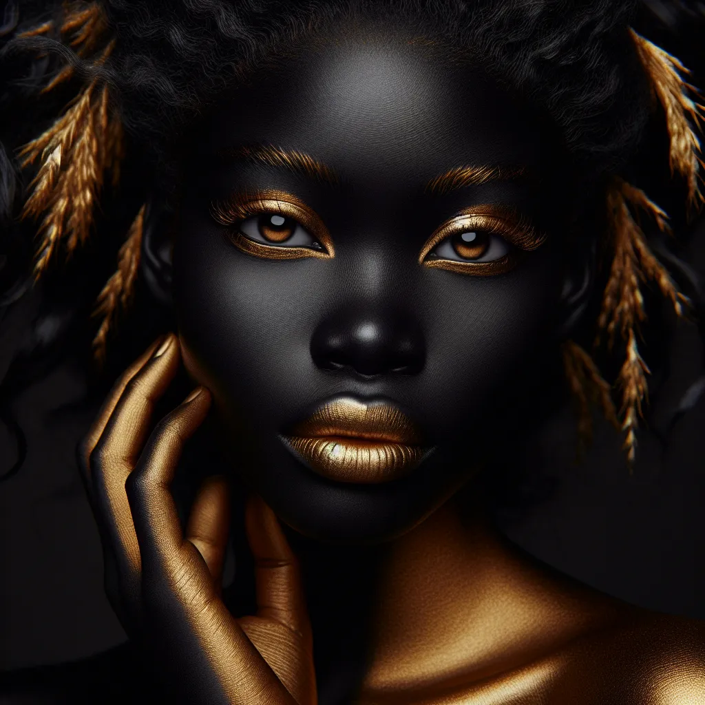 Prompt: just a woman's face with black skin and golden hair, in a gold-black photo with a black background, no makeup, clothes are not visible, no jewelry, detailed golden eyes, art photography, fashion photography, a photorealistic painting in the highest quality