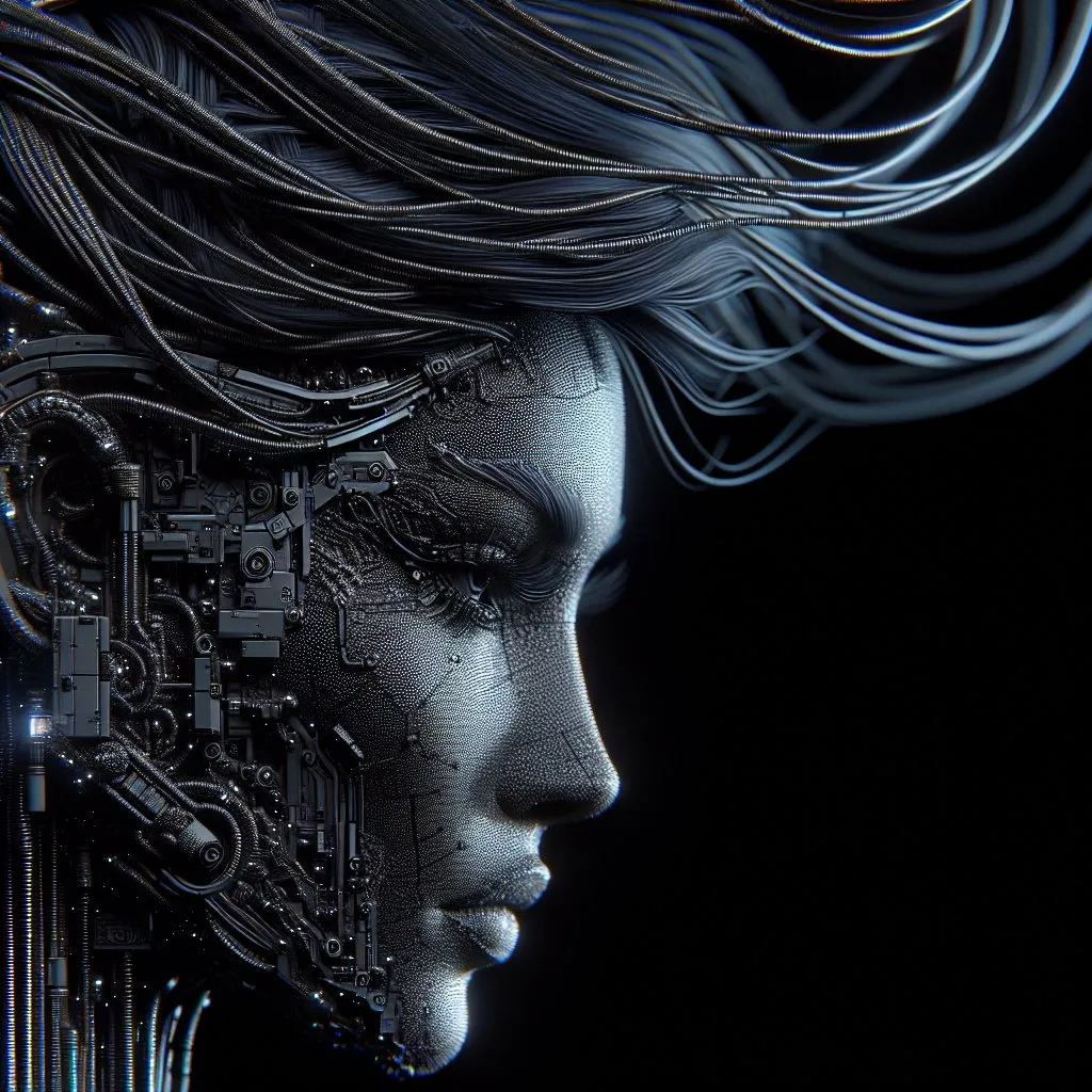 Prompt: Realistic pixelated digital face of a woman, wires instead of hair connected to devices, sideview, dark silver and dark black, UHD image, careful detail work, sculptural expression, pixel art style, futuristic technology, high-tech wires, detailed facial features, immersive environment, dark and moody lighting, ultra-high definition, pixel art, realistic, sculptural expression, futuristic technology, dark tones, immersive environment