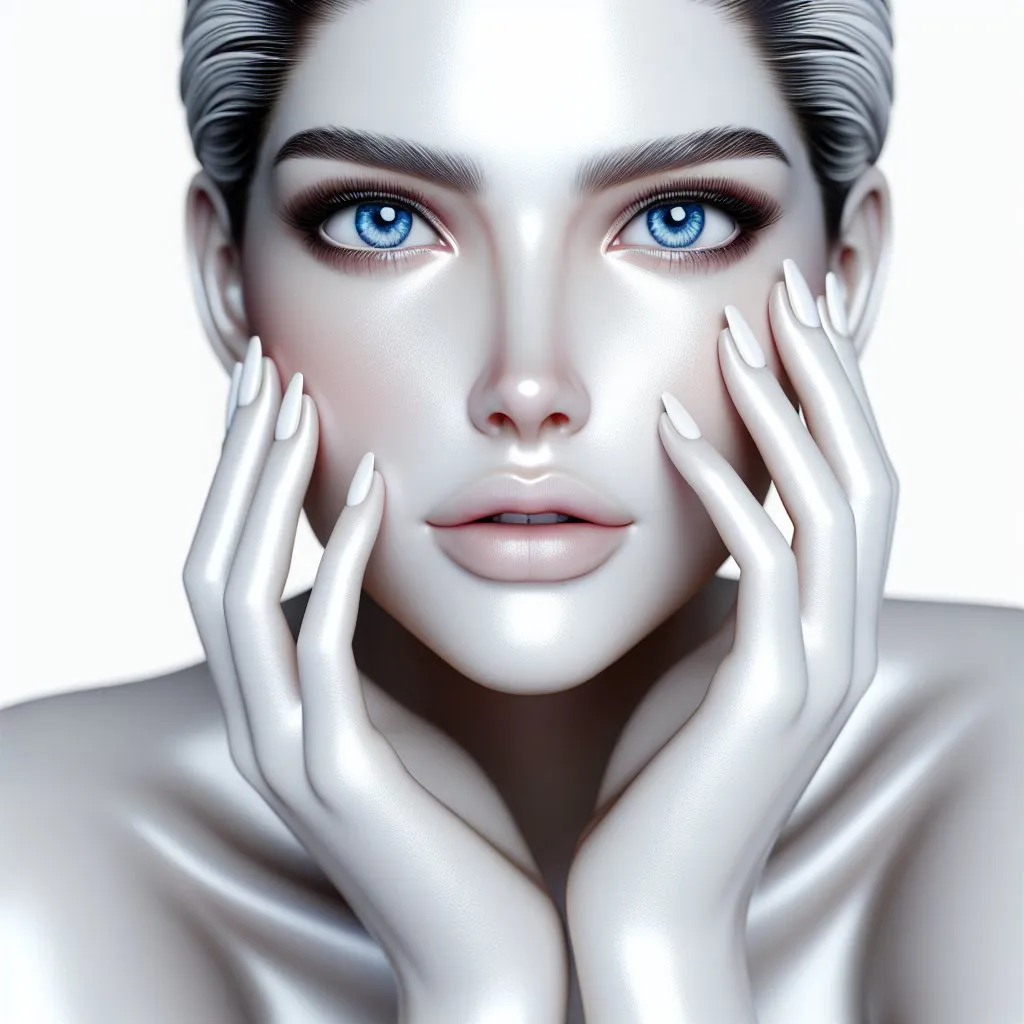 Prompt: It shows the face of a glamorous woman with white, cream-colored skin, her hands on her face and her blue eyes open, with a white background. In terms of color, the woman's body blends into the background . illustration, defined facial features and ambient occlusion rendering