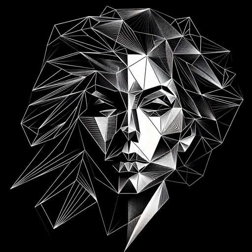 Prompt: Silhouette of triangle woman's face, 4k, , artistic, impressive, beautiful, polygonal design, high contrast, detailed lines, striking shadows, modern art, minimalist style