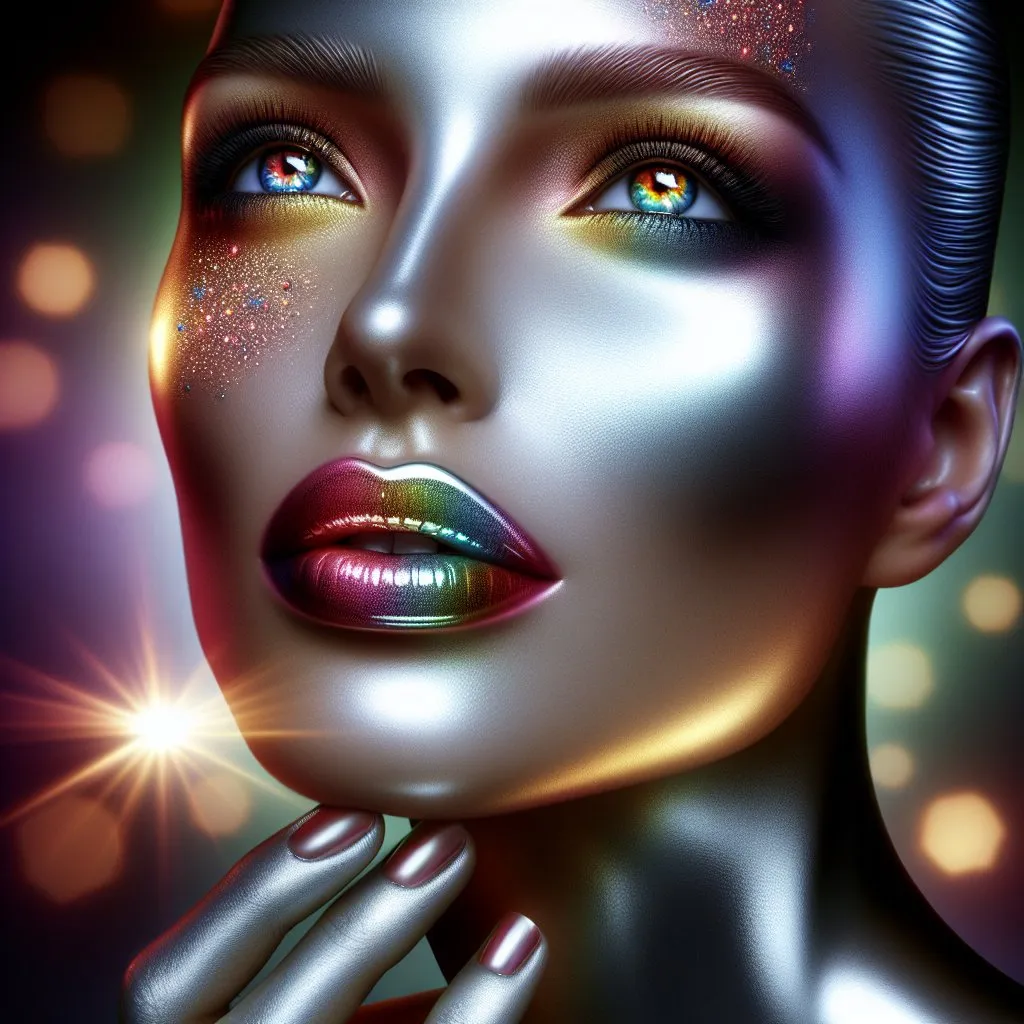 Prompt: a woman with a absolute  shiny reflective mirror skin,  multicolored background excitingly discreetly lit, lightening multicolored eyes, she lifts her chin and looks forward up, multicolored lipstick, realistic, detailed image, high resolution,