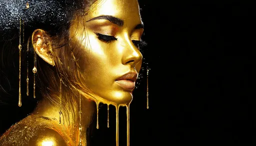 Prompt: a woman's face with dripping paint on it and a black background with gold drops on it and a black background with a gold woman's face,  analytical art, gold, an airbrush painting