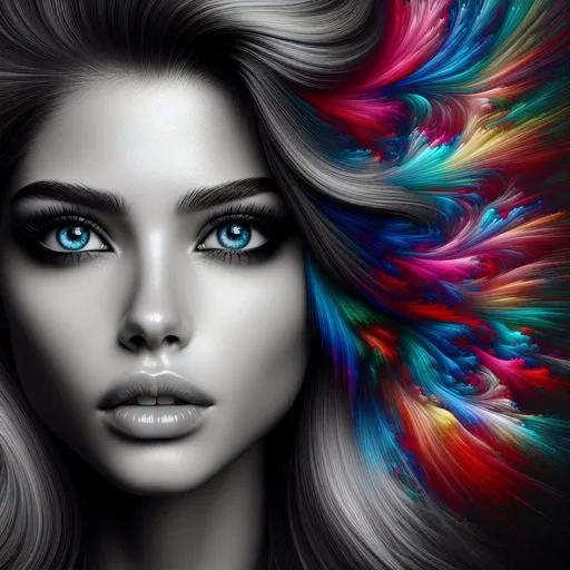 Prompt: Monochrome portrait of a woman's face, detailed blue eyes, explosion of fine multicolored hair in the background, high contrast, detailed facial features, monochrome, detailed eyes, expressive, highres, surreal, vibrant color explosion, dramatic lighting