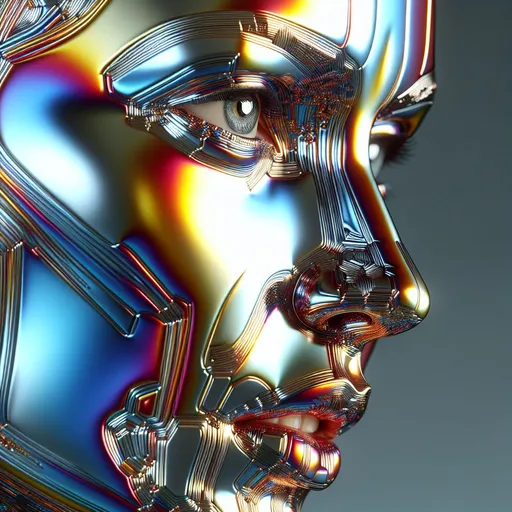 Prompt: Vibrant 3D rendering of abstract woman's face, metallic mirror colors, HDR, 8k resolution, looking forward, mouth slightly open, vibrant abstract, woman looking up, portrait, high quality, 3D rendering, metallic tones, vibrant colors, detailed facial features, professional lighting