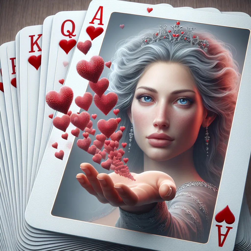 Prompt: a few cards, in the foreground the Queen of Hearts, a realistic woman's face is on the card, she stretches out a hand and blows small 3D hearts from her hand, fantasy art, highly detailed digital painting, computer graphics