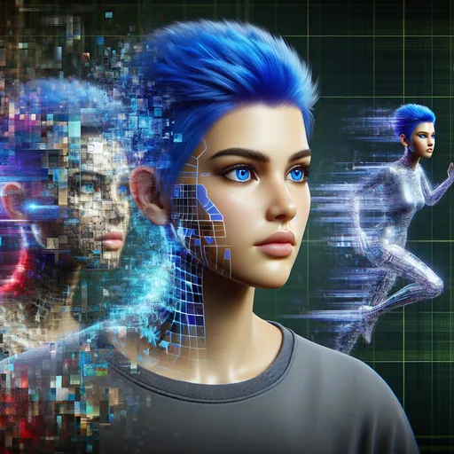 Prompt: Full body picture of a jumping woman with blue eyes and blue short hair with dissolving body and face. The dissolving body is shown in this artistic photo with a background, analytical art, very detailed realistic cyberpunk art, the body is shown several times offset and reduced in size as an image of the woman in the background