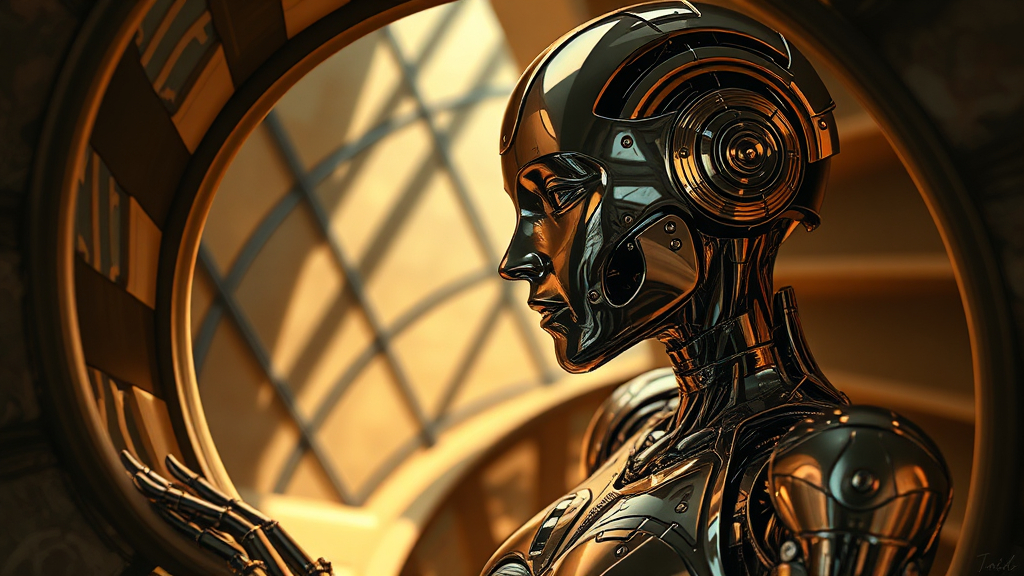 Prompt: (chrome female robot), (inside an older spiral staircase), copper and gold accents highlighting the intricate details, (oil painting), rich textures, warm lighting casting soft shadows, serene ambiance, capturing an emotional moment, high quality, ultra-detailed craftsmanship, blending futuristic and vintage elements seamlessly.