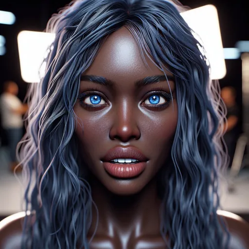 Prompt: photo of a very dark-skinned attractive woman, face portrait, realistic sensual look, slightly opened mouth, detailed realistic white teeth, disheveled long blue hair, direct eye contact, open blue eyes, high level of detail, every pore can be seen, realistic, background with bright highlights , single bright lights, professionally detailed eyes, realistic lighting, high definition