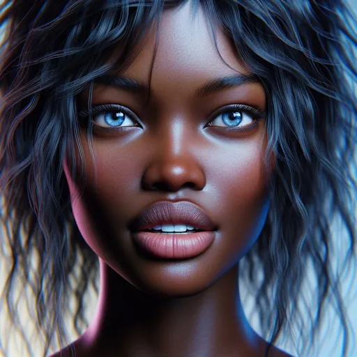 Prompt: Photo of a very dark-skinned attractive woman, realistic look, slightly kissing mouth, detailed realistic white teeth, disheveled long blue hair, direct eye contact, open blue detailed eyes, high level of detail, every pore is visible, realistic, background with pastel highlights , individual bright lights, professionally detailed eyes, realistic lighting, high resolution