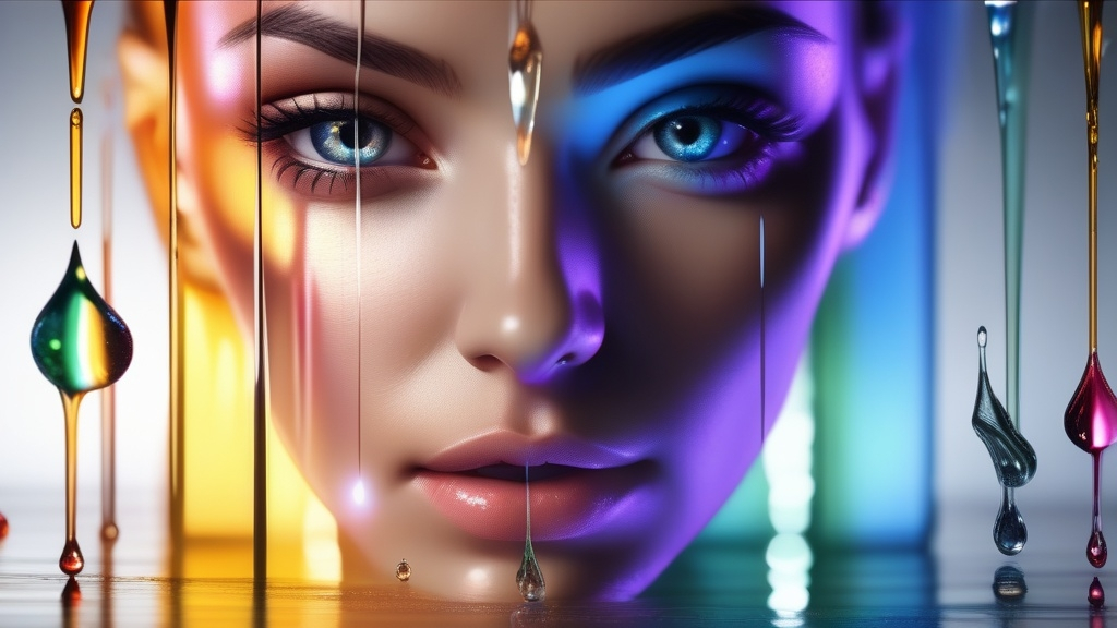 Prompt: (huge reflective transparent drop with many reflected colored clear drops inside, on these drops perfect women faces can be seen in the structures), constantly moving drops, detailed representation, hyper realistic, HD, ultra detailed, complex reflections, high quality, photorealistic, cinematic lighting, mesmerizing atmosphere, crystal clear details, vivid reflections, dynamic interplay of light and water, fluid movements perfectly captured, artfully exposed blurred background for contrast, 4K resolution, intricately detailed, award-winning graphics, vivid color tones, masterful representation, lens flares for added realism.