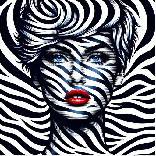 Prompt: black and white lines like a zebra, design, background, best quality, the facial portrait of a woman is integrated into the lines, it also consists of black and white lines. Only her beautiful blue eyes, short shaggy blue hair and red lips are shown in detail in color