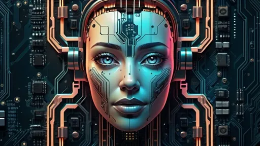 Prompt: Modern computer motherboard with processor shaped like a female face, digital art, intricate circuitry details, high resolution, cyberpunk, futuristic neon tones, glowing circuit lines, intense and detailed facial features, artistic, sci-fi, cybernetic, circuit pattern, female humanoid, high-tech, cyberpunk lighting