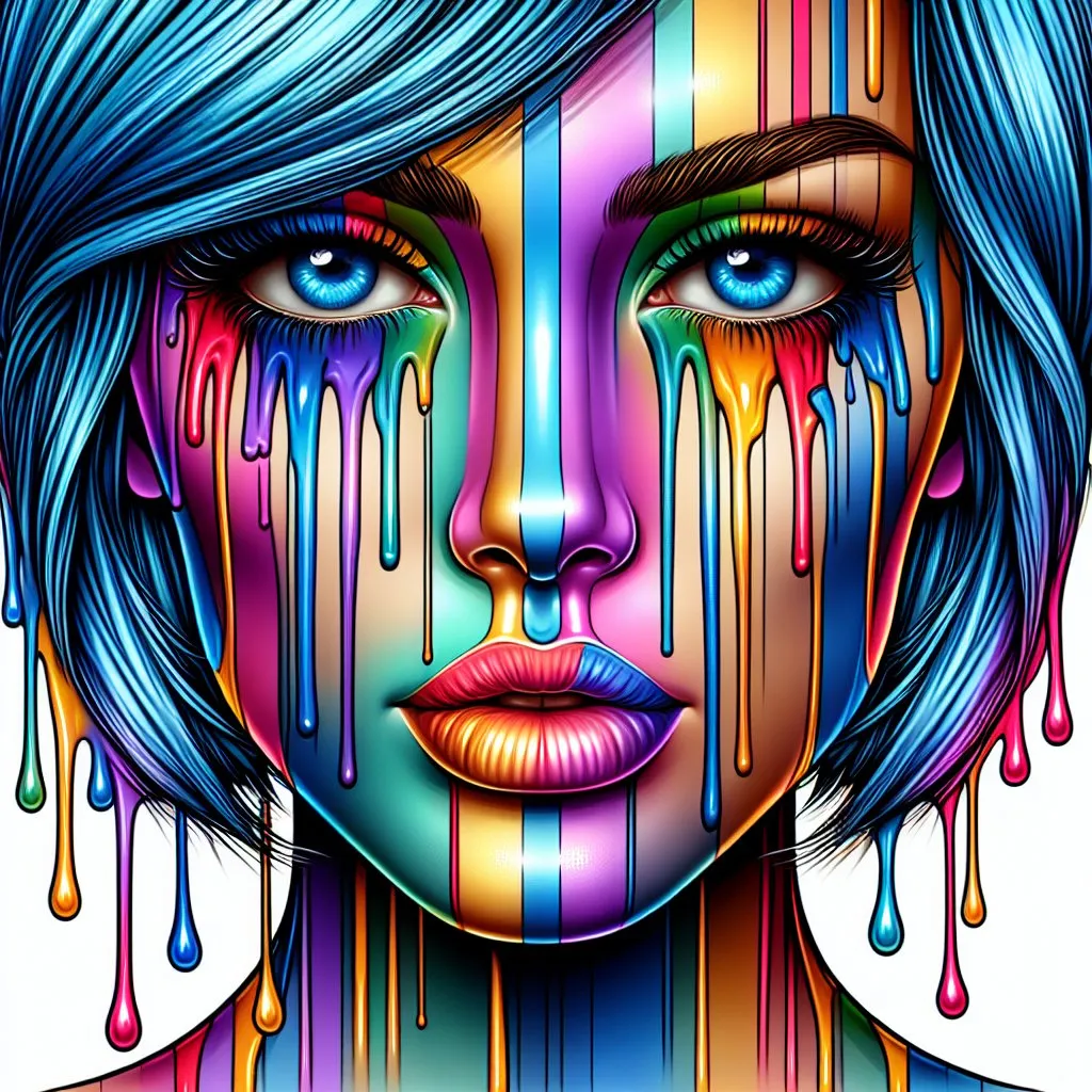 Prompt: a woman as an ilustration with a multicolored face, the colors run in narrow stripes horizontally down the face, dripping and running drops of paint all over the face, psychedelic art, an airbrush painting, the blue eyes and the short blue hair are realistic and very detailed