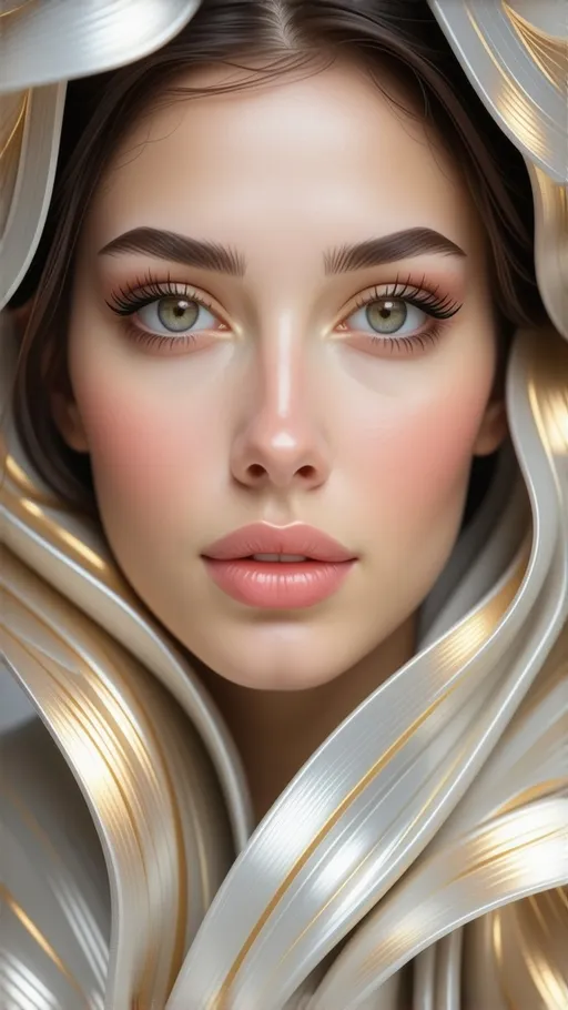 Prompt: (3D female face), symmetrically centered, (vibrant) shimmering gold and silver hues, transparent elements flowing gracefully, captivating facial features, smooth contours, artistic play of light and shadow, striking reflections, modern design aesthetic, ethereal background enhancing spatial depth, ultra-detailed, high quality, visually stunning, scintillating ambiance.