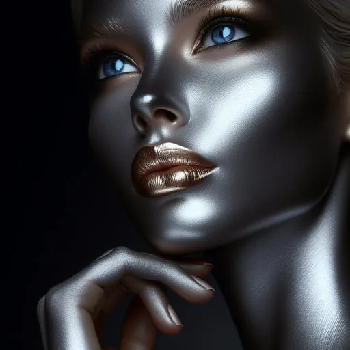 Prompt: a woman with a absolute silver shiny reflective skin,  dark background excitingly discreetly lit, lightening blue eyes, she lifts her chin and looks forward up, gold lipstick, realistic, detailed image, high resolution,