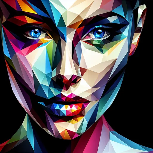 Prompt: Silhouette of polygonal woman's face, 4k, multicolored, open blue eyes, artistic, impressive, beautiful, polygonal design, high contrast, detailed lines, striking shadows, modern art