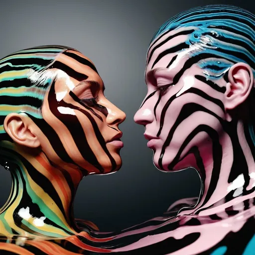 Prompt: A different colors -striped female head and a colors-striped male head emerge from the colors striped liquid. They look at each other, sensual look. Close-up side view from above.
The background also consists of a colors liquid.
Ultra detailed, high quality detailed 3D full body rendering
