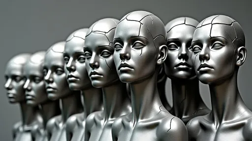 Prompt: (silver statue) of a group of 10 men and women with  (cracked face and body), looking to you,  dynamic, (defined facial features), (surrealist sculpture), (gray background), (concrete art), atmospheric and introspective mood, conveying emotion in its imperfections, (ultra-detailed), (high quality) with striking textures and depth, ideal for an evocative display of artistry.