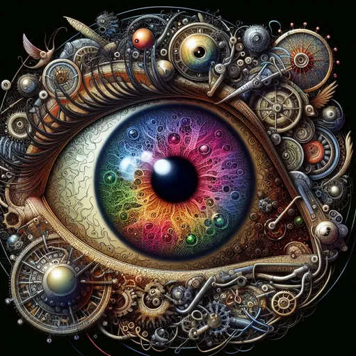 Prompt: A detailed illustration of an eyeball in the center, surrounded by intricate patterns and textures. The iris is filled with various colors and shapes that resemble miniature creatures or plants. Surrounding it on all sides are complex gears, wires, and other mechanical elements. This scene conveys both beauty and mystery as if you were exploring some unknown universe