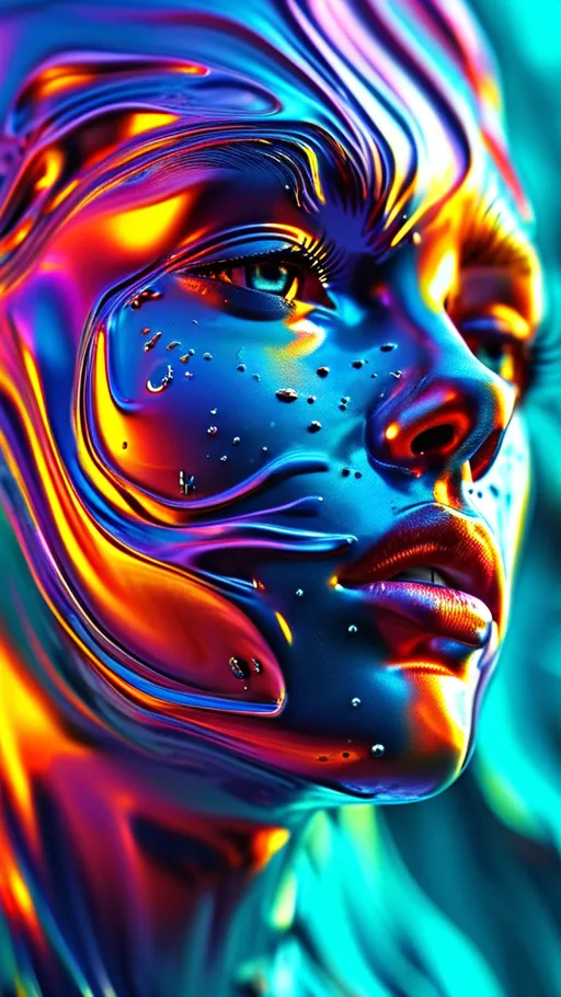 Prompt: (female face),  emerging from holographic liquid, (sharp colors), 3D rendering, ultra-detailed, intricate detailed facial features, (dramatic lighting), high contrast, (holographic), detailed liquid simulation, vibrant colored liquid sea background, (high-quality), mesmerizing visuals, immersive atmosphere, fluid dynamics craftsmanship.