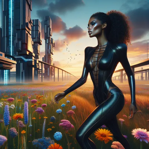 Prompt: A  woman walking in a vast field of wildflowers, curvy body shape, curly hair, ponytail, dark skin,  makeup, long eyelashes, glossy lips, carbon fiber outfit,  futuristic architecture, dramatic sunset, hyperrealistic futurism style, dynamic composition, vibrant colors, motion blur, sleek and modern, detailed lighting, artistic, geometric shapes, technological elements, high energy, bold and innovative